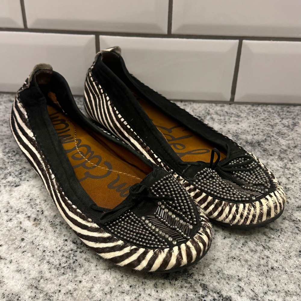 Sam Edelman Women 7.5 Flats Zebra Calf Hair Beaded Studded August Animal Print